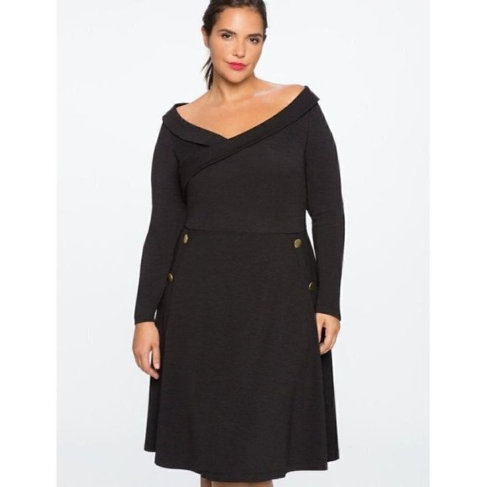 Eloquii Black Long Sleeve Sweetheart Button Side Fit & Flare Dress 14